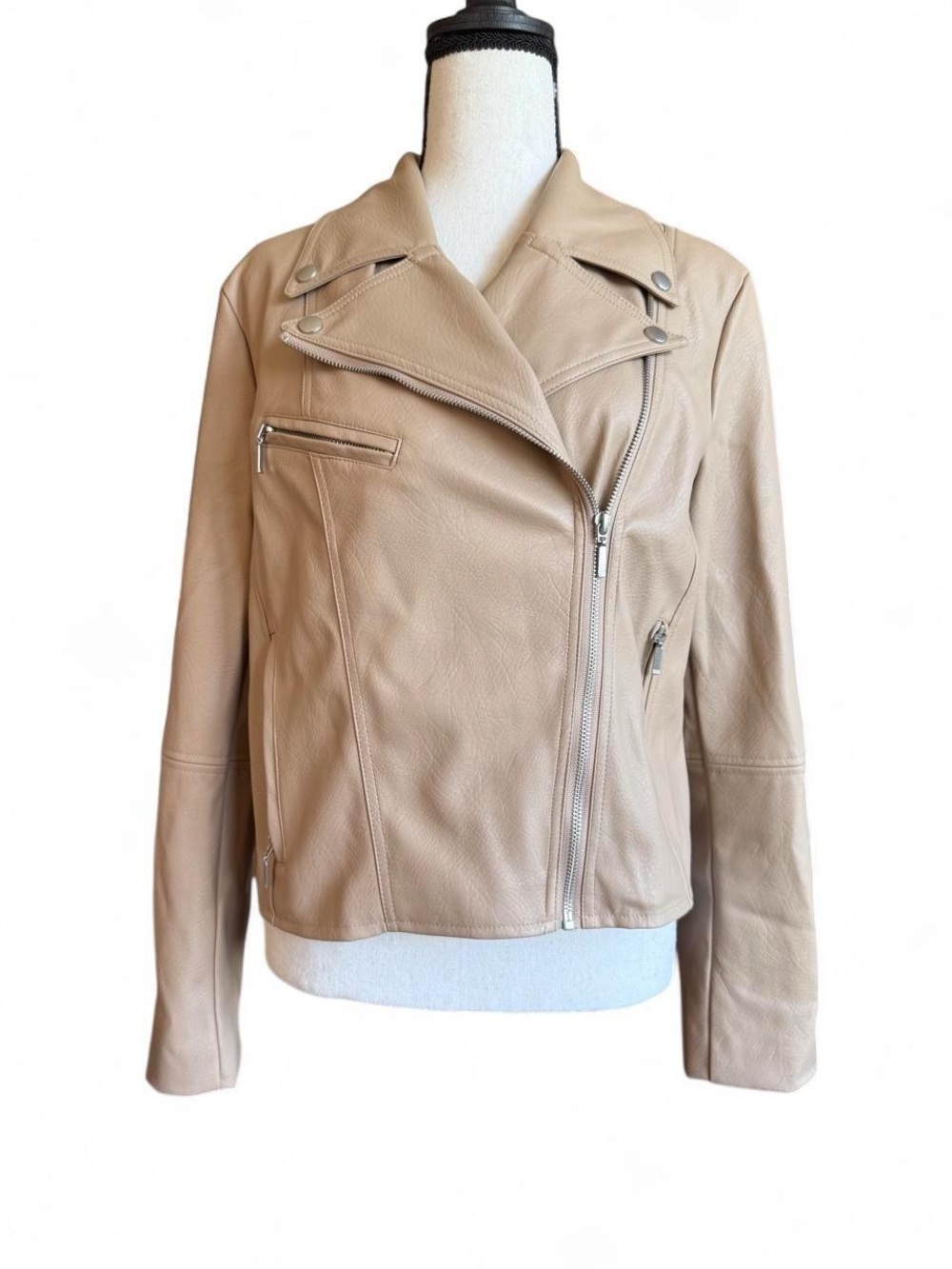 bagatelle Beige Leather Moto Jacket with Asymmetrical Zip